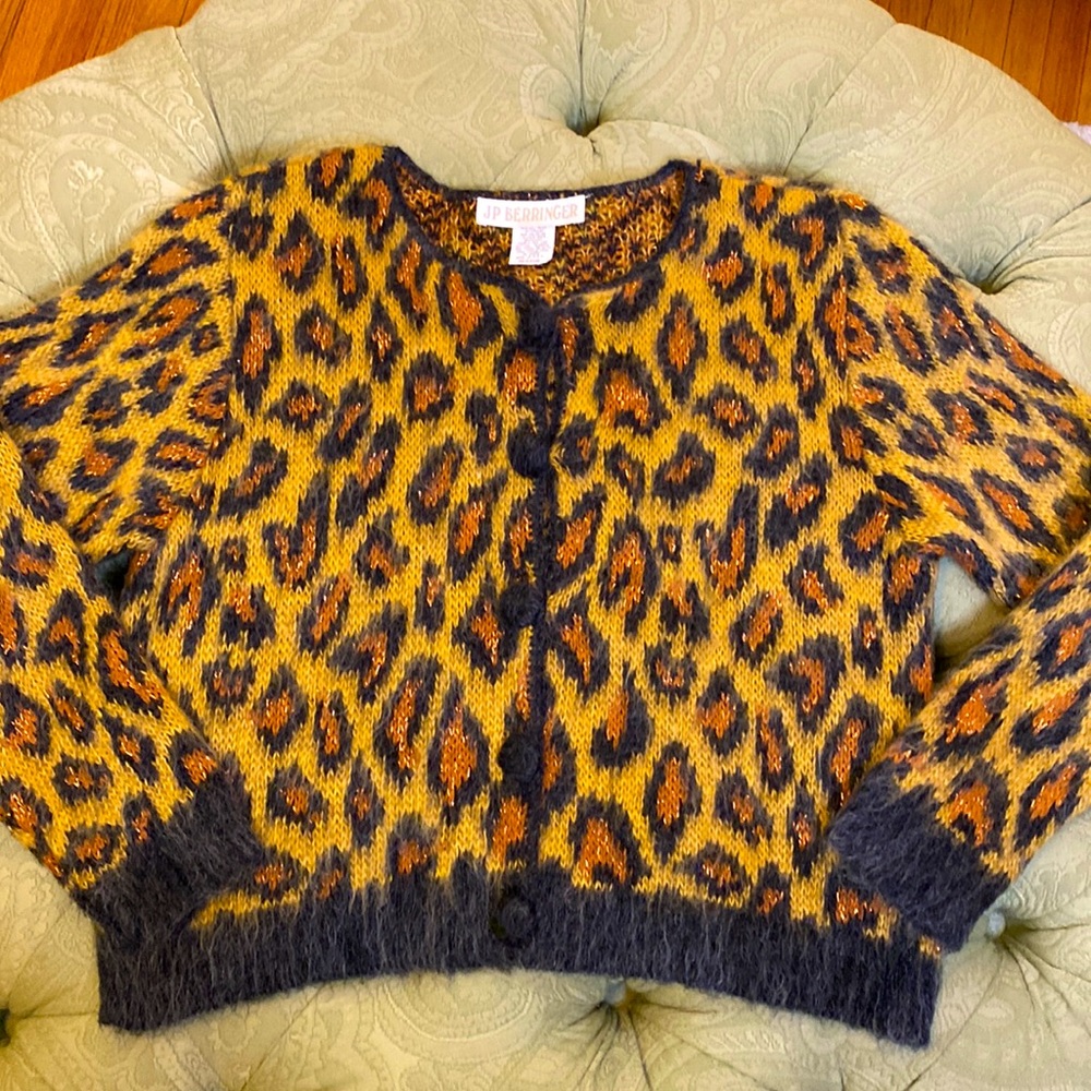 J P Berringer Vintage Cropped Fuzzy Sweater Med. Covered Buttons Gold Thread EUC